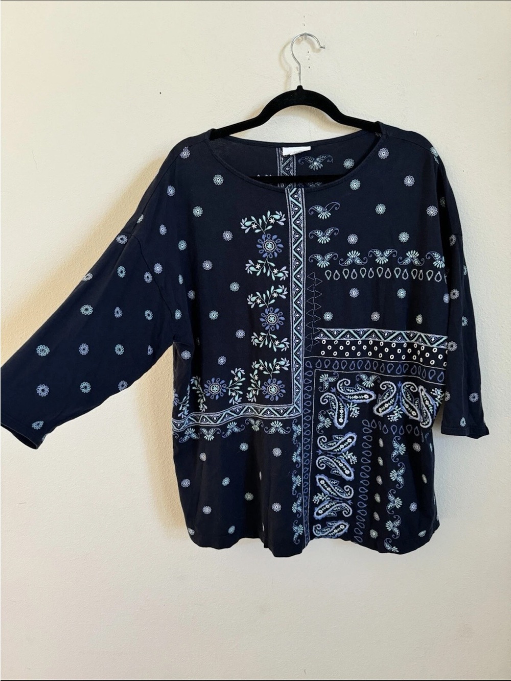 J. Jill Bandana Patchwork Americana Navy Blue 3/4 Sleeve Top XL